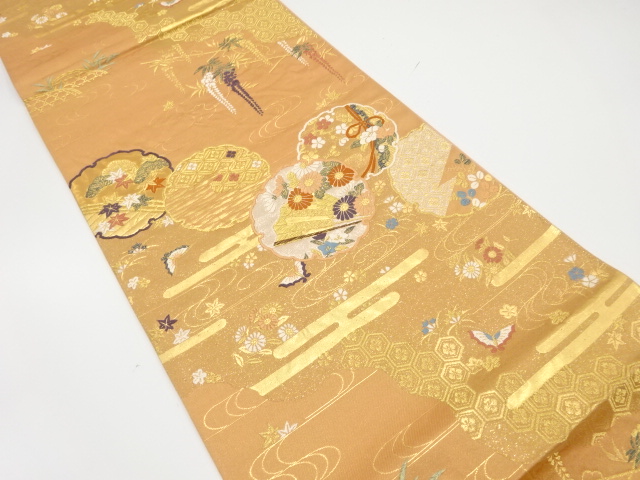 JAPANESE KIMONO / ANTIQUE FUKURO OBI / SILK / WOVEN FLORAL PLANTS